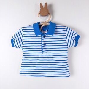 Vintage 90s Health-tex Polo Shirt Kids 12M Blue White Striped Short Sleeve